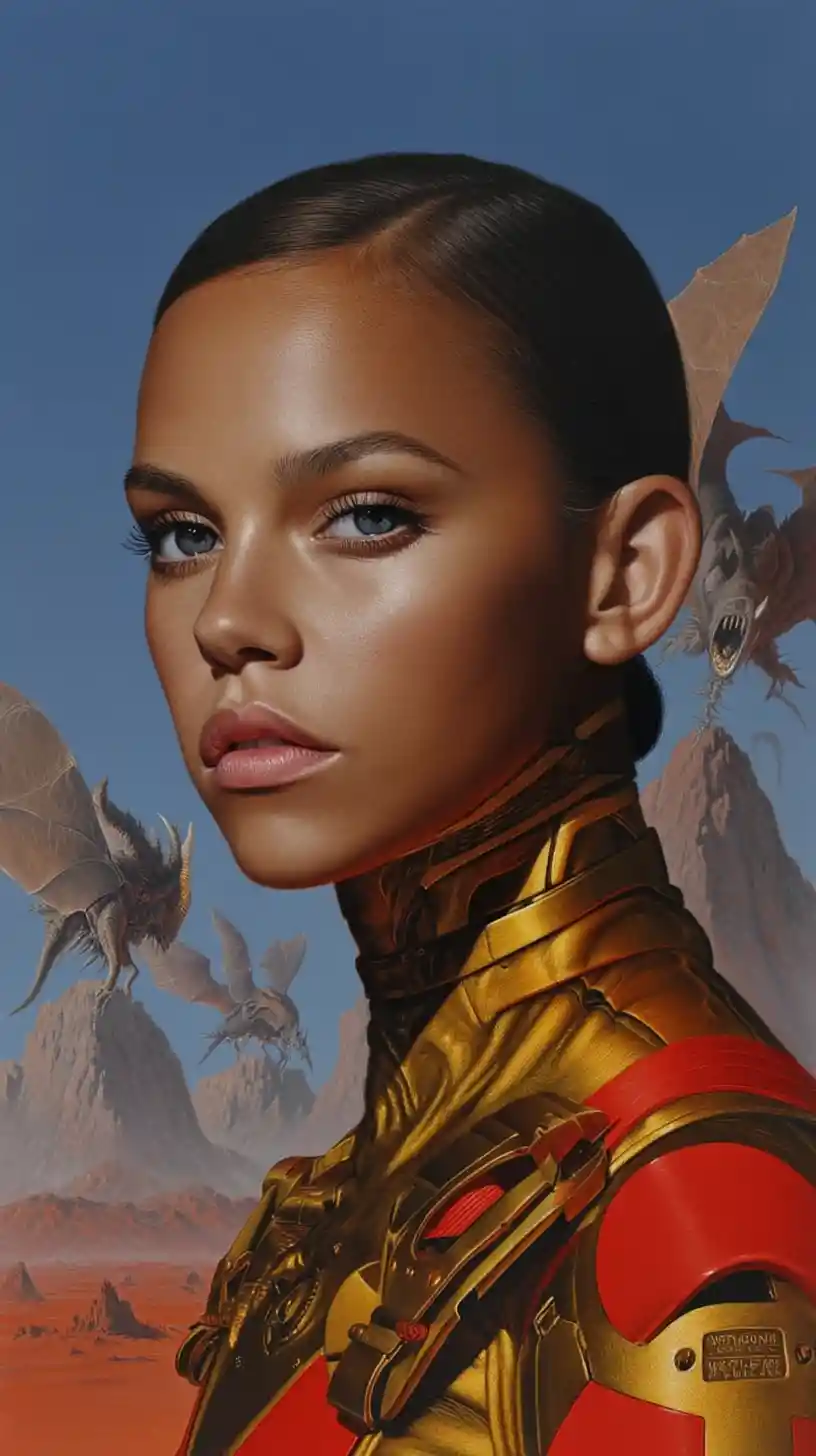 Athletic woman in gold latex suit on alien desert world