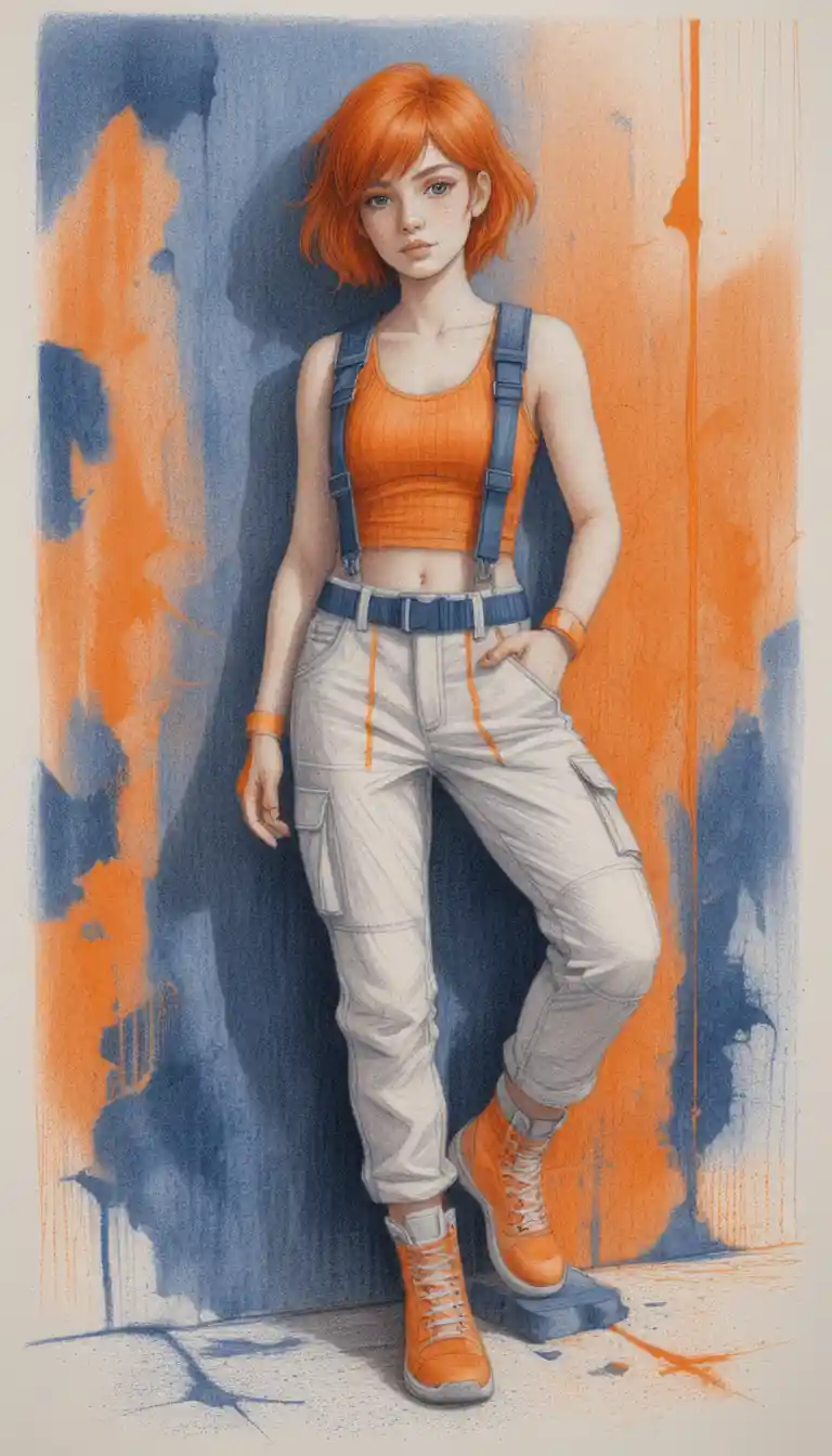 Young woman in tactical straps against gritty concrete wall