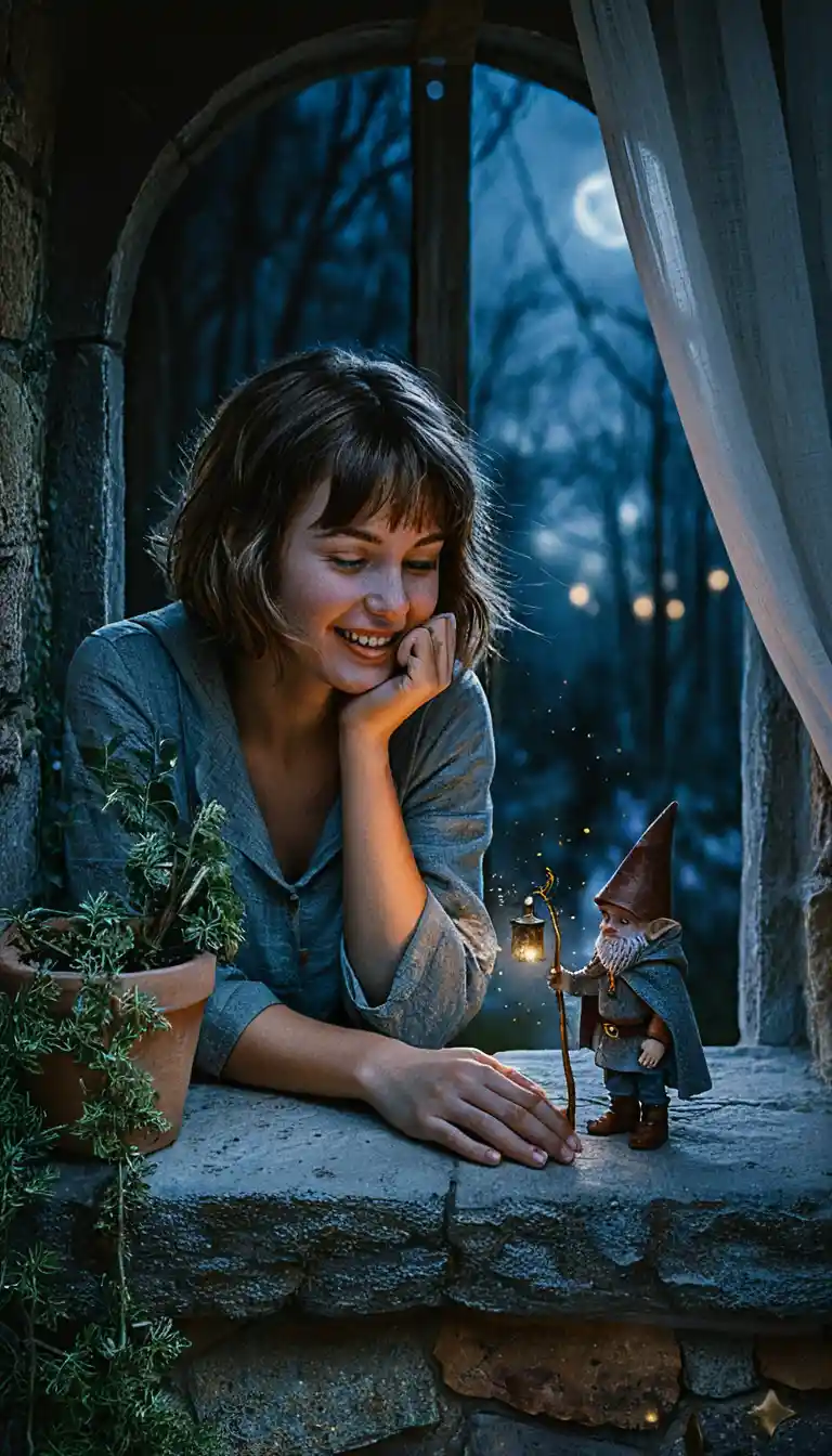 Young woman at stone window with tiny lantern gnome