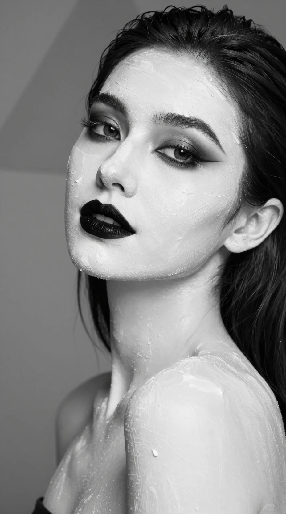 Black and white portrait of a woman with painted skin