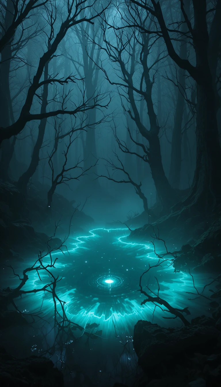 Luminescent pond in a misty ancient forest clearing