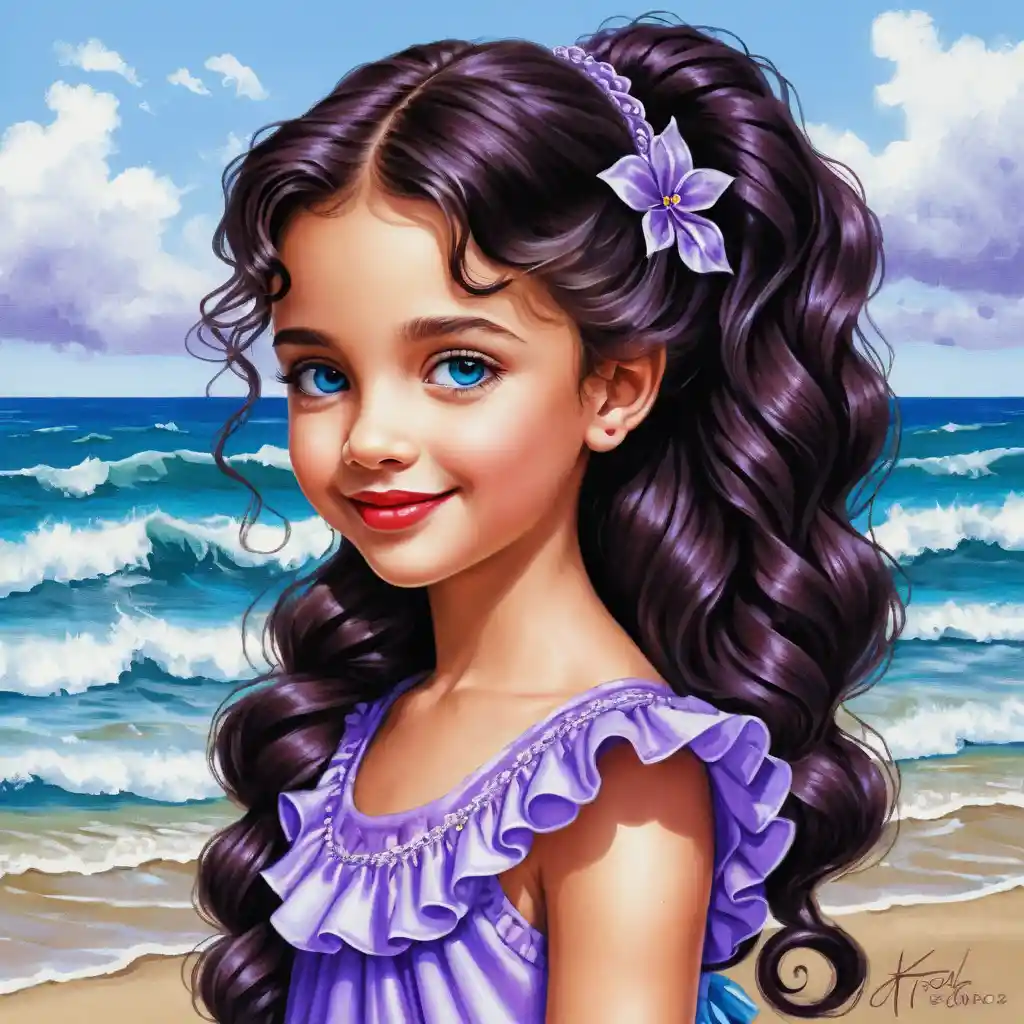 Smiling girl with long black braid in purple summer dress