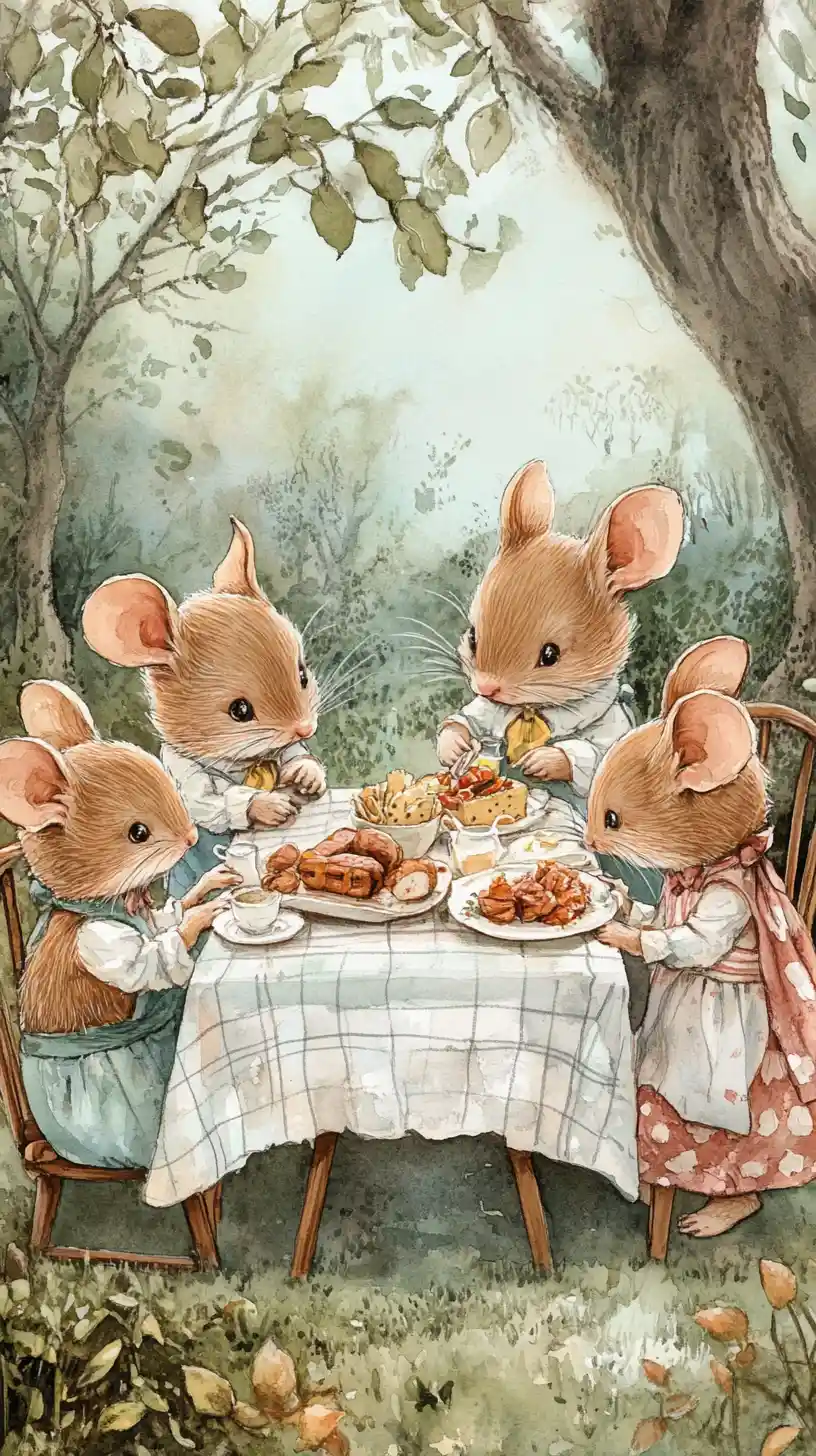 Watercolor mice family enjoying a calm forest picnic