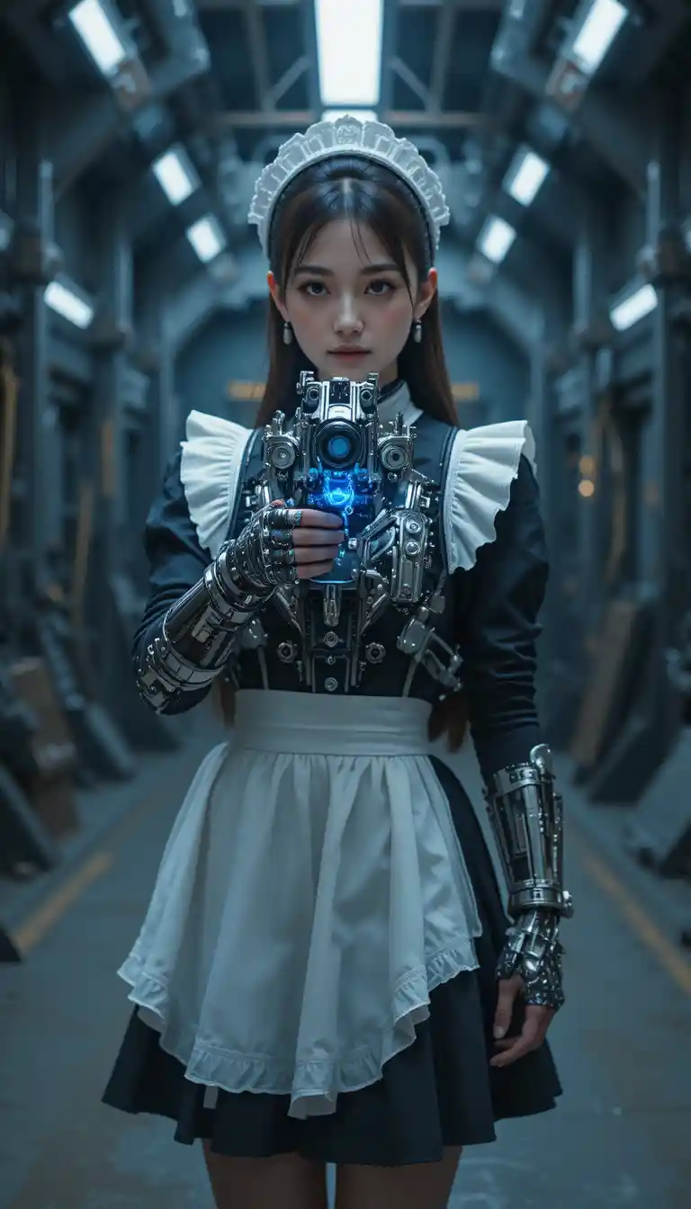 Young maid with transforming sci fi weapon in industrial hall