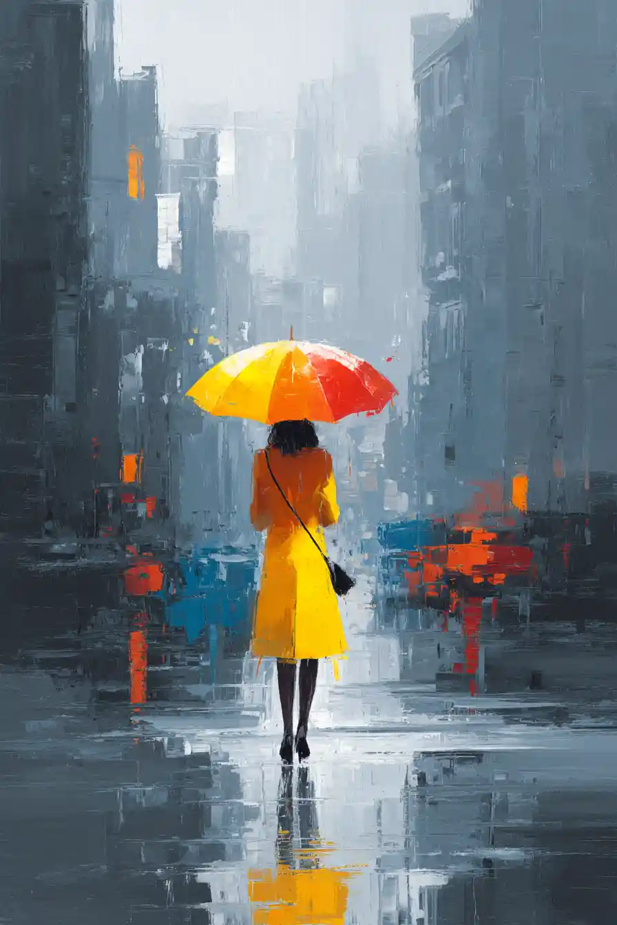 Woman with colorful umbrella on rainy city street