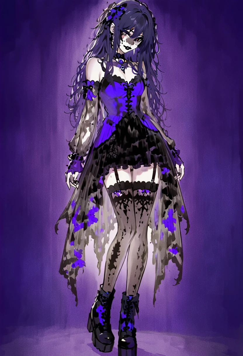 Düstere Anime-Gothic-Mädchen mit unheimlichem Grinsen vor dunklem Hintergrund