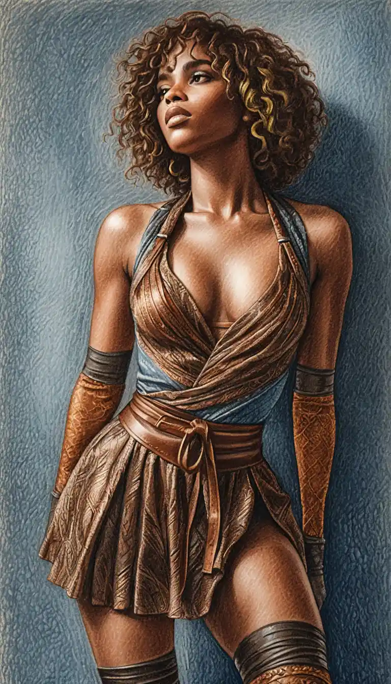 Confident young woman in brown leather dress illustration