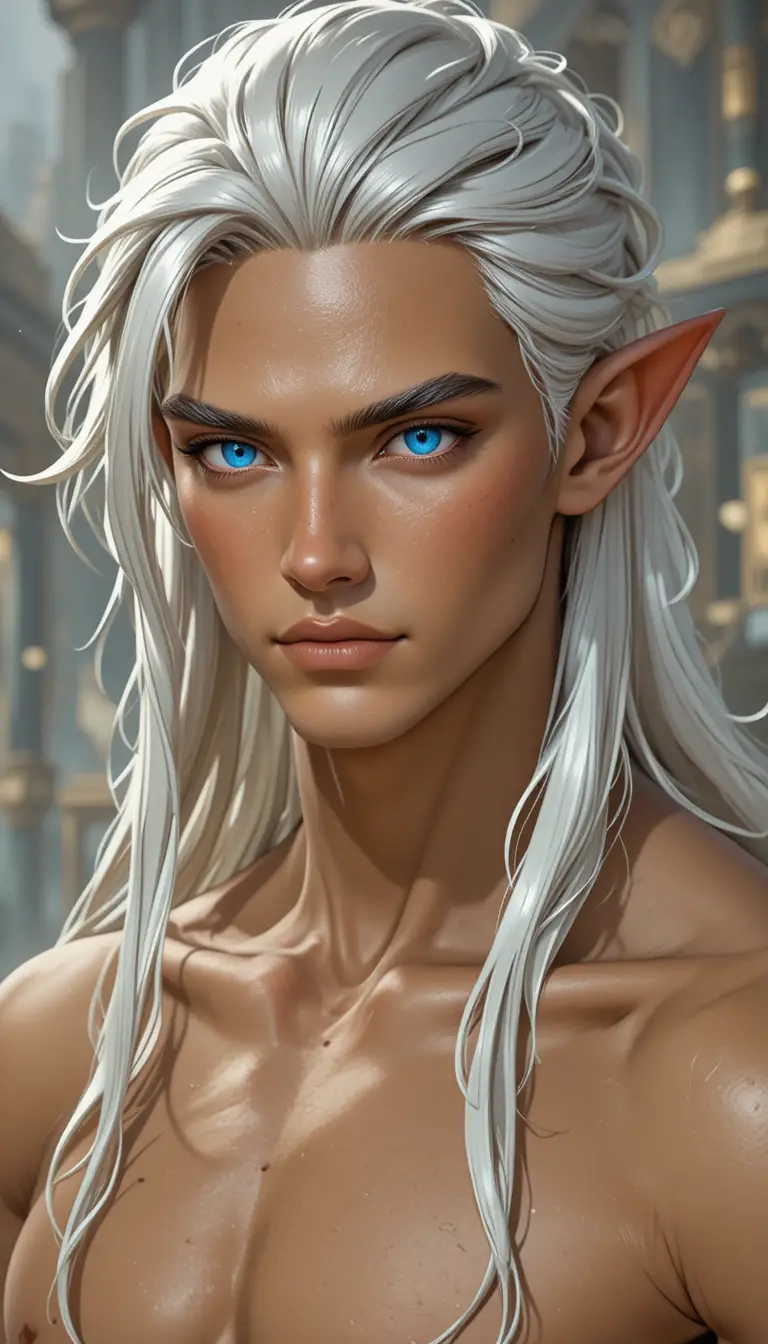 Elegant fantasy man with white hair and deep blue eyes