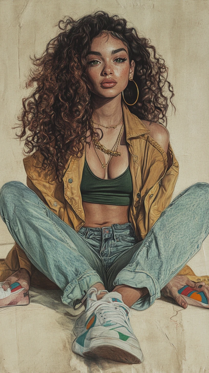 Confident woman seated wide leg pose in casual streetwear