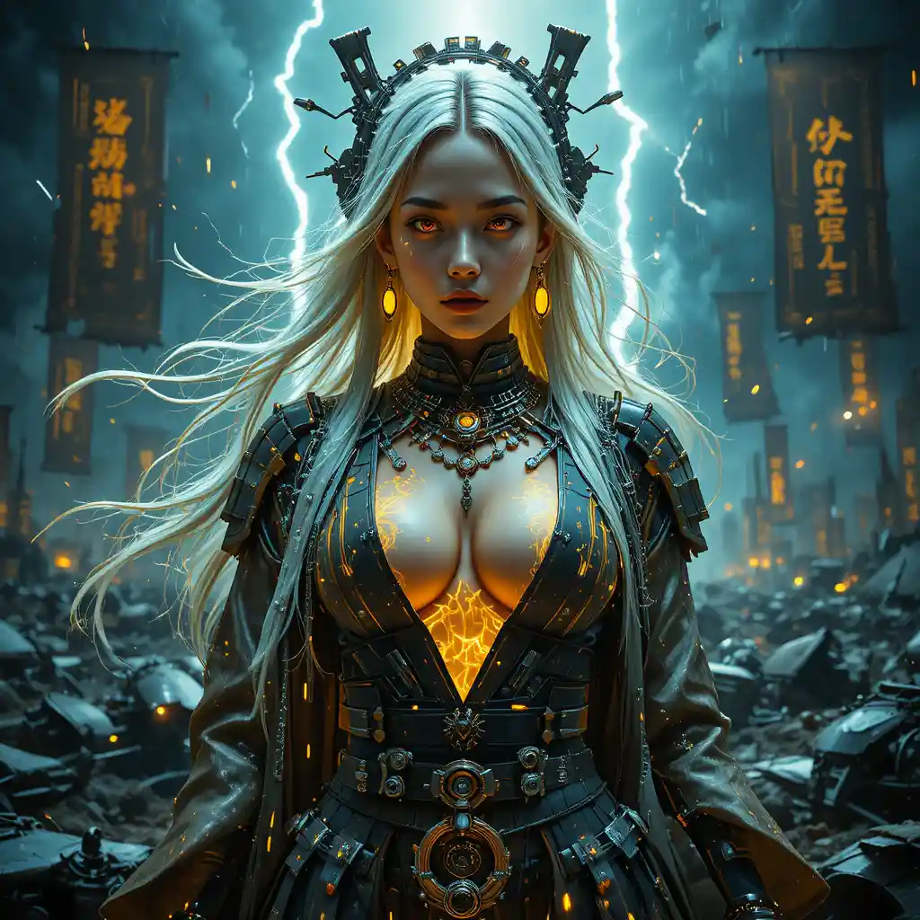 Cybernetic samurai empress in neon storm close up
