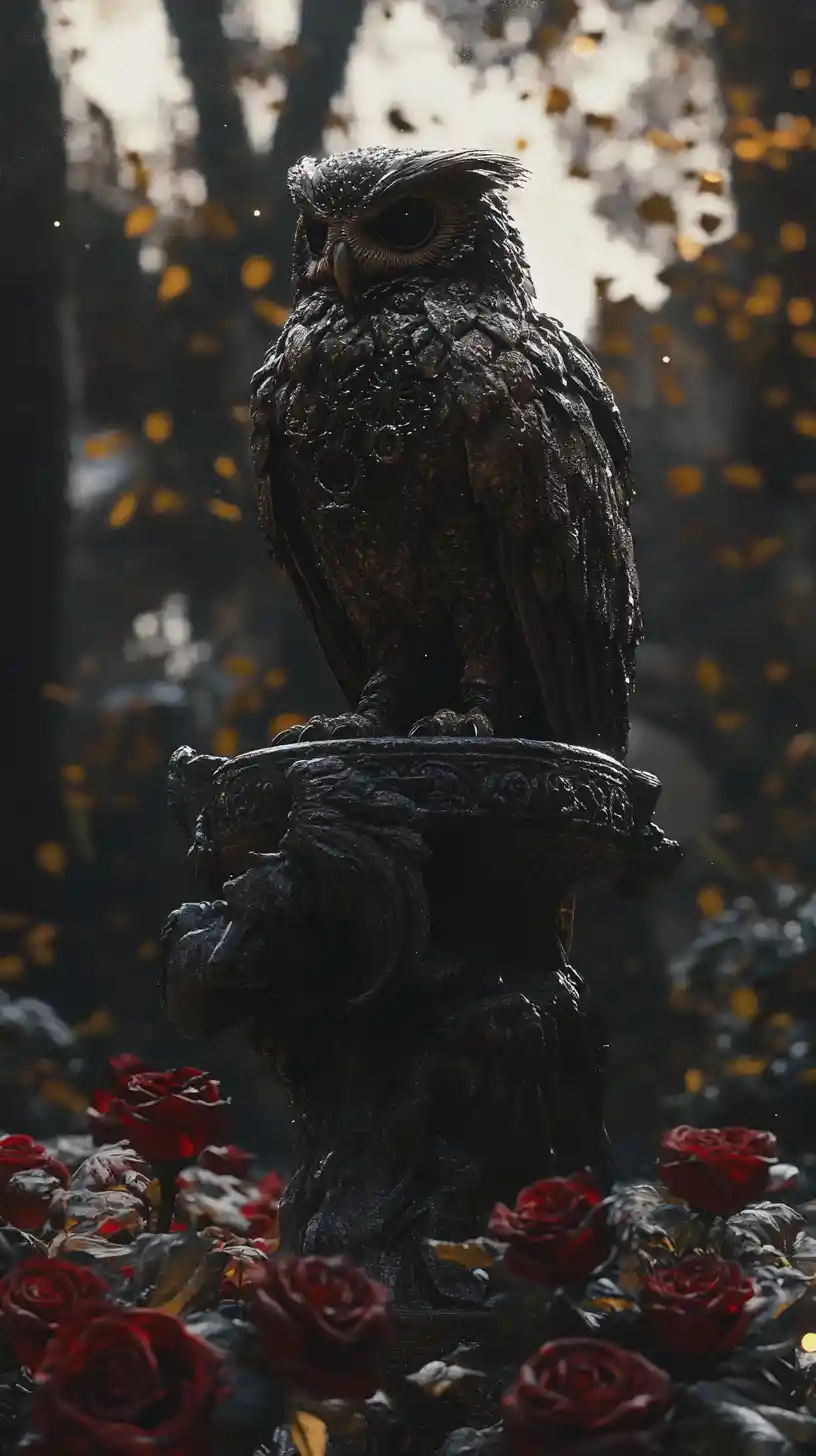 Mechanical owl on baroque angel fountain in moonlit garden