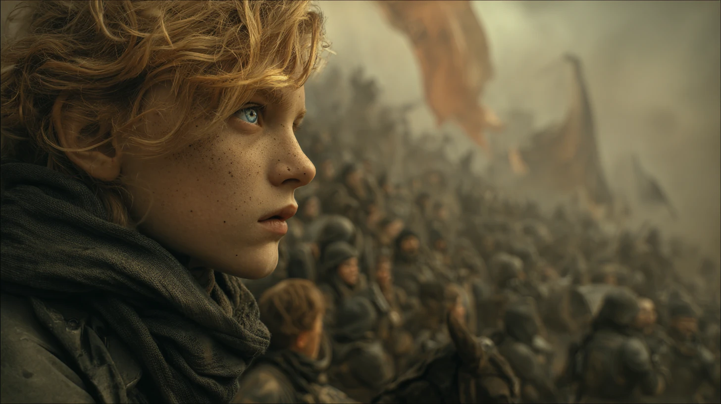 Noble mother and blue eyed child watching vast arena army