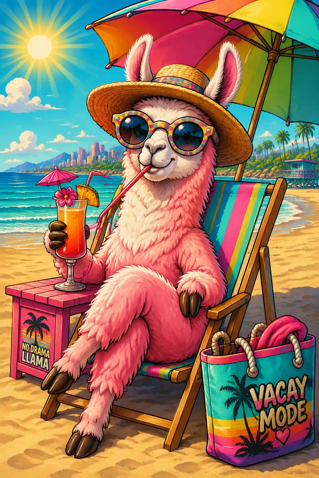 Süßes rosa Lama, das an einem sonnigen Strand entspannt