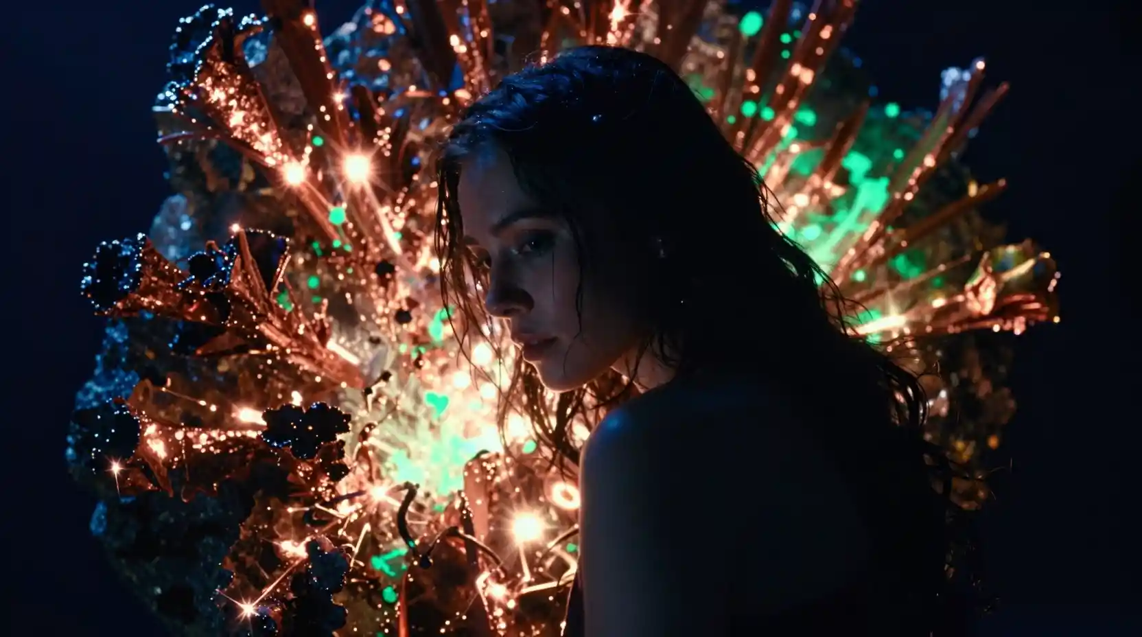 Woman in glowing mineral stains at dramatic dutch angle