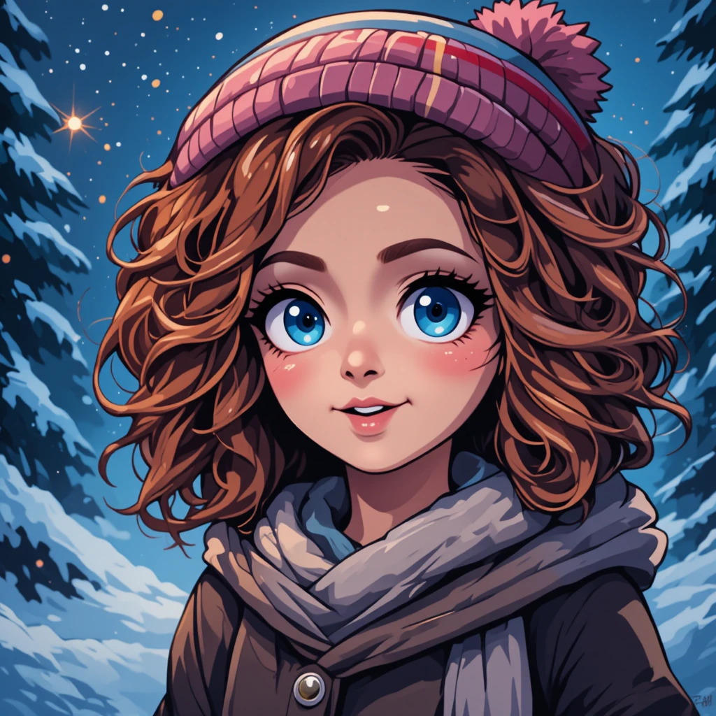 Cute anime girl in pink winter hat in snowy forest