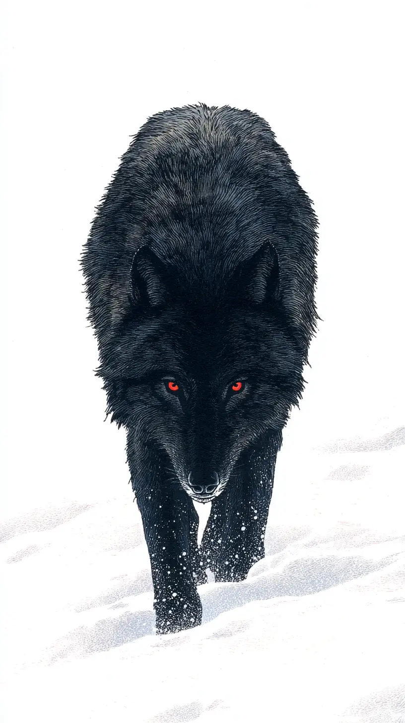 Black wolf with red eyes walking across white snow