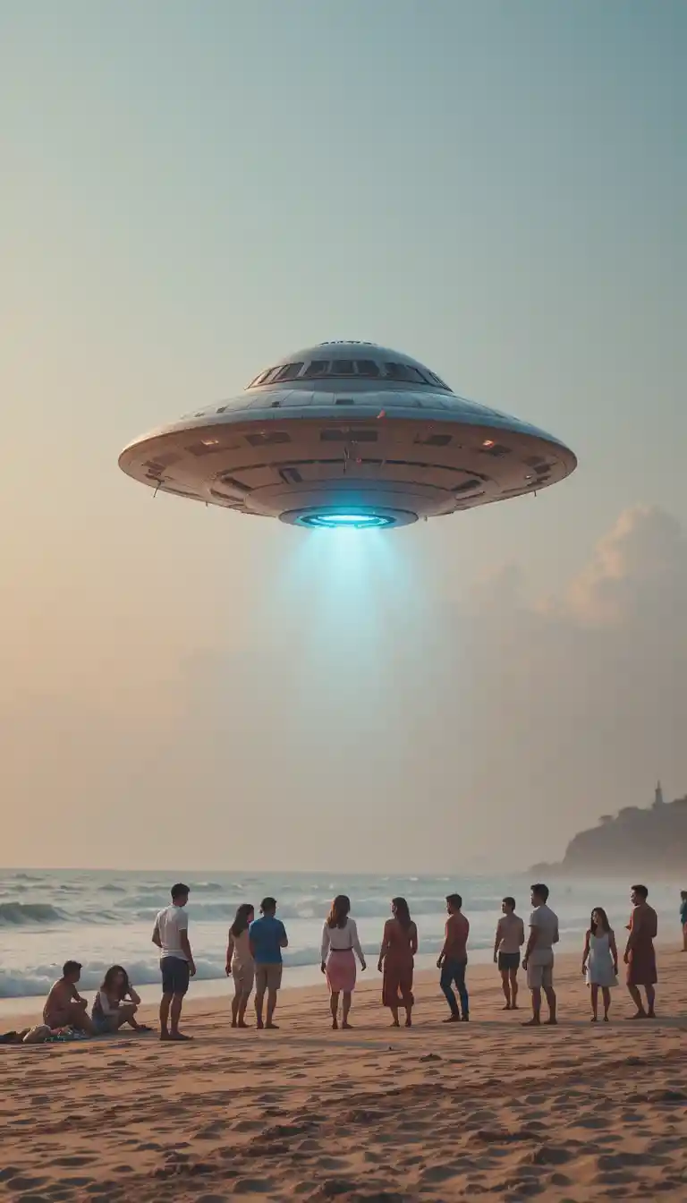 Colorful ufo hovering above a crowded happy beach