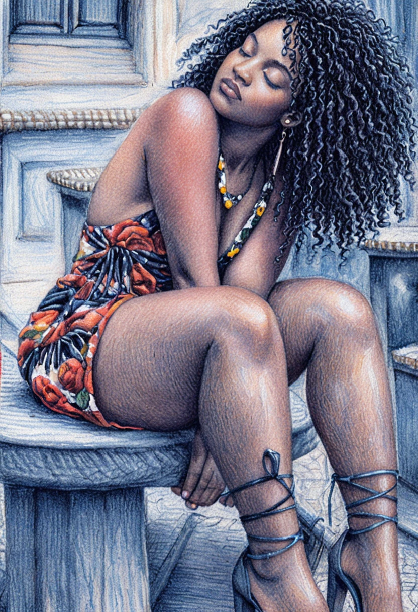 Young black woman by a stone fountain in color pencil