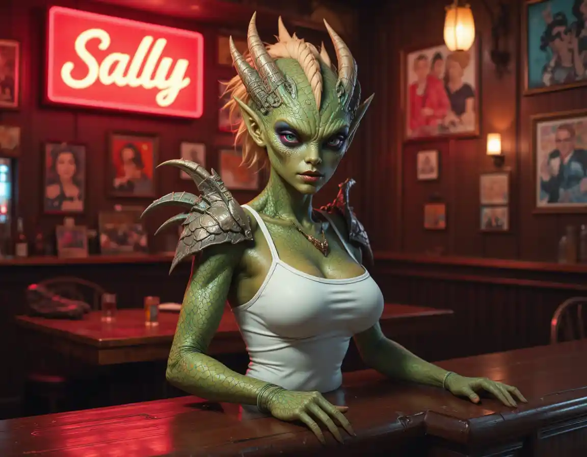 Seductive dragon woman leaning over a bar counter