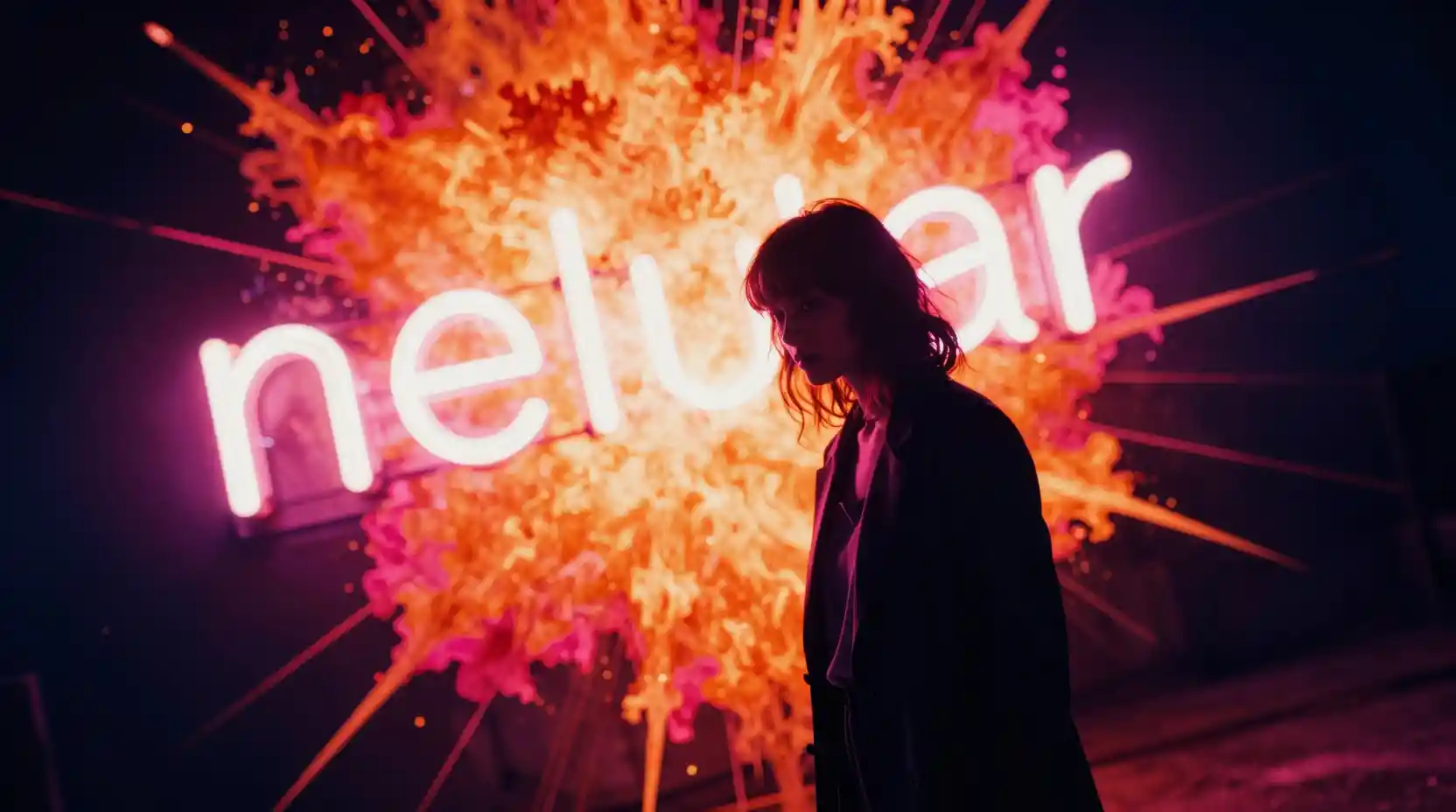 Woman before blinding neon light in dramatic dutch angle