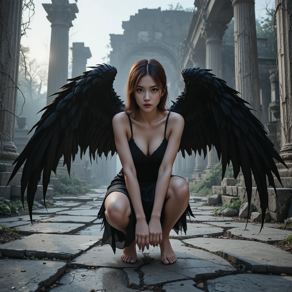 Vengeful winged woman crouching in overgrown marble ruins