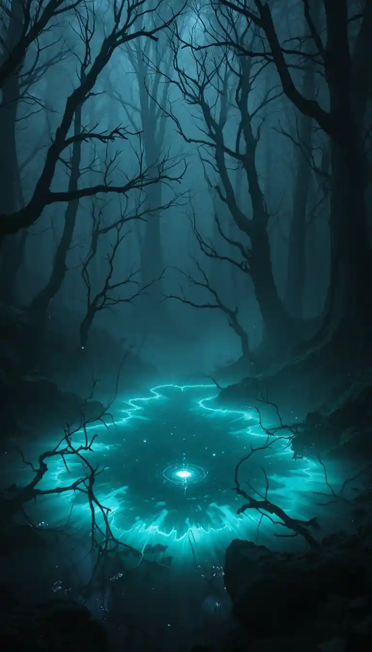 Luminescent pond in a misty ancient forest clearing