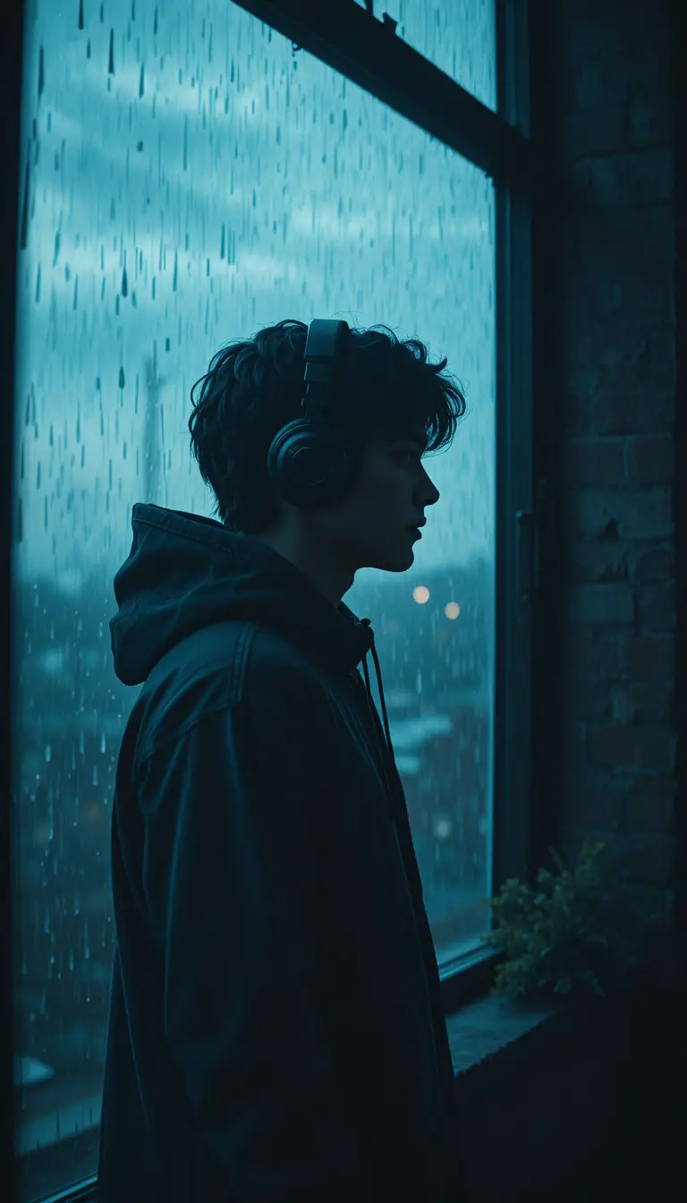 Joven con sudadera junto a una ventana lluviosa al anochecer