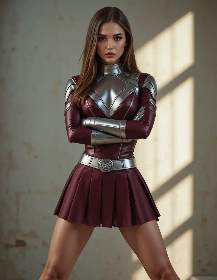 Confident Female Ranger In Maroon And Silver Costume