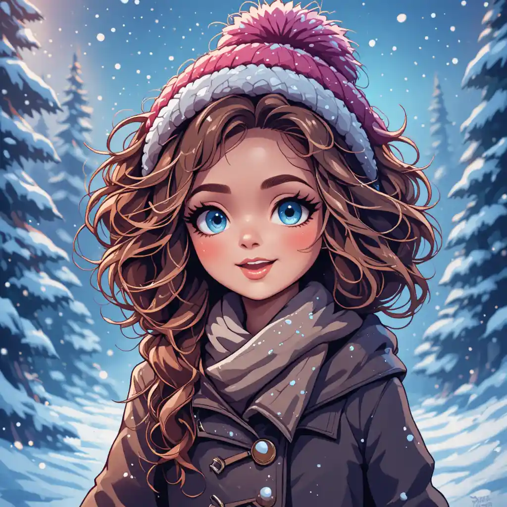 Cute anime girl in pink winter hat in snowy forest