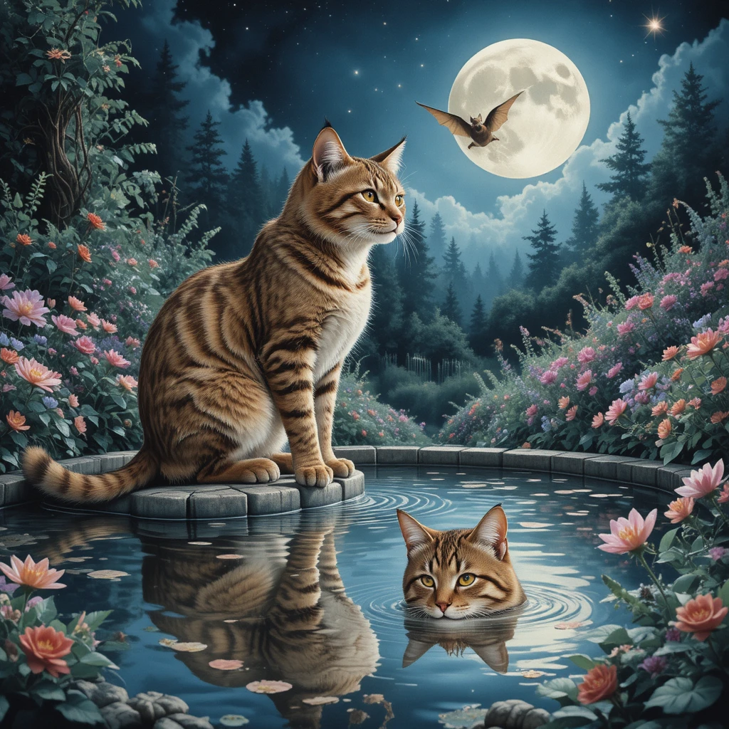 Tabby cat by a moonlit garden pond in summer