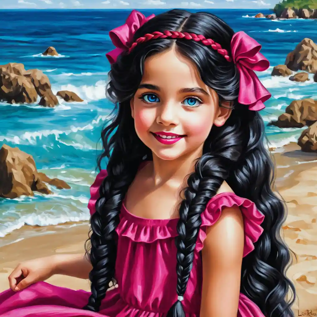 Smiling girl with long black hair in fuchsia summer dress