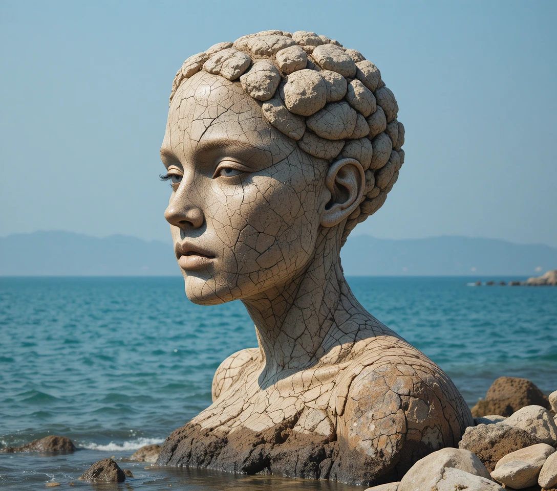Human profile rock formation facing the calm turquoise sea