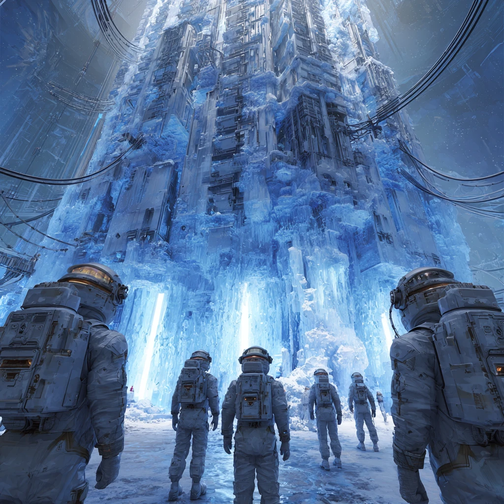 Pilgrims Linked To A Frozen Server Tower In Blue Light