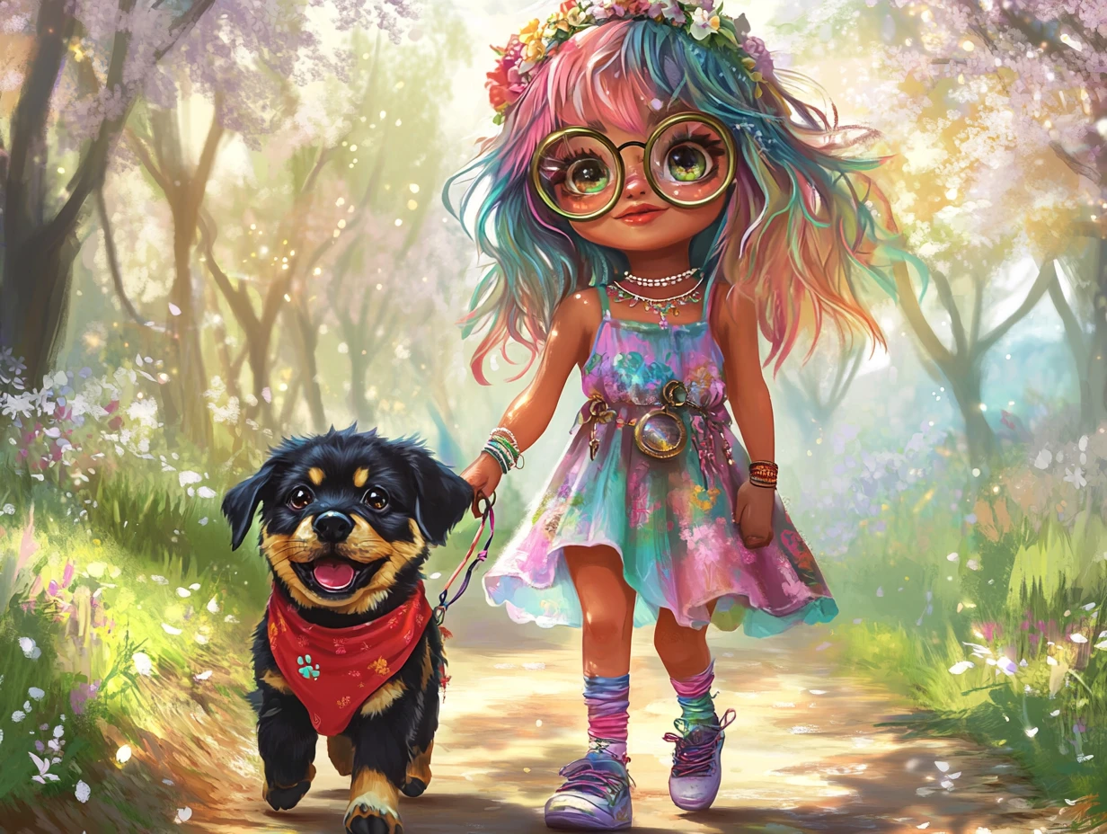 Cute pastel haired girl walking a rottweiler puppy