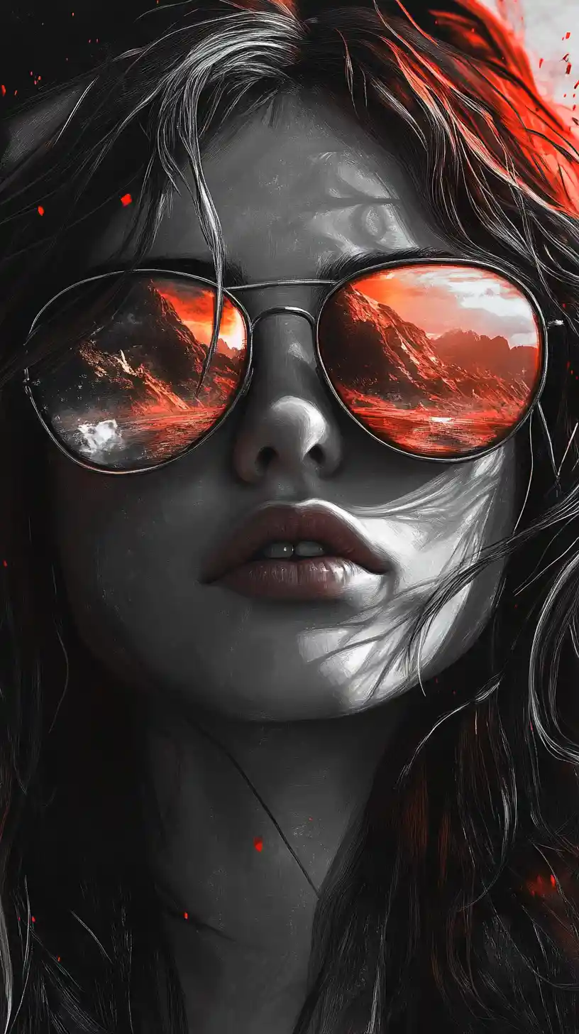 Girl in dark sunglasses with fiery mountain reflection