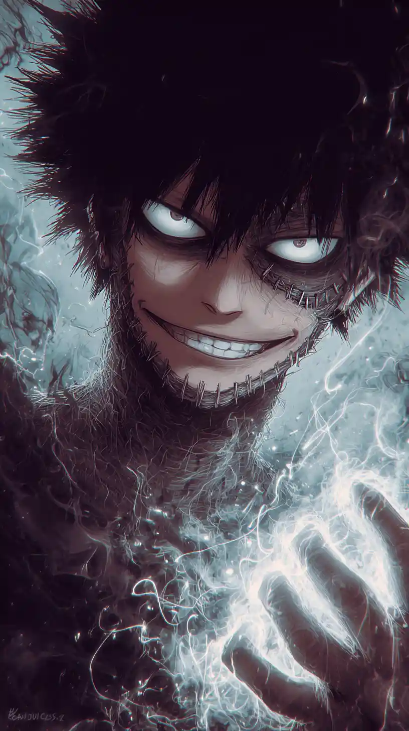 Sinister anime villain portrait with stapled scarred face