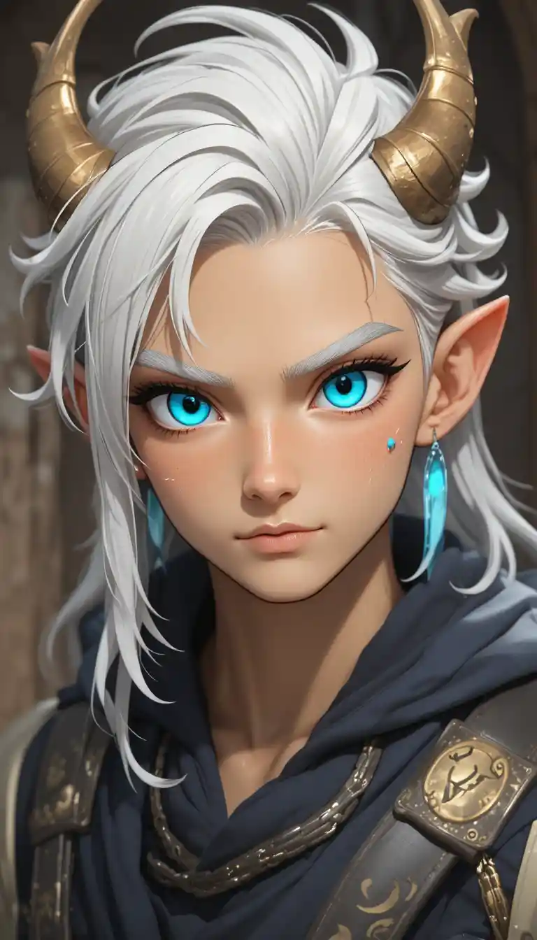 Blue eyed fantasy man with white hair and eliatrope ears