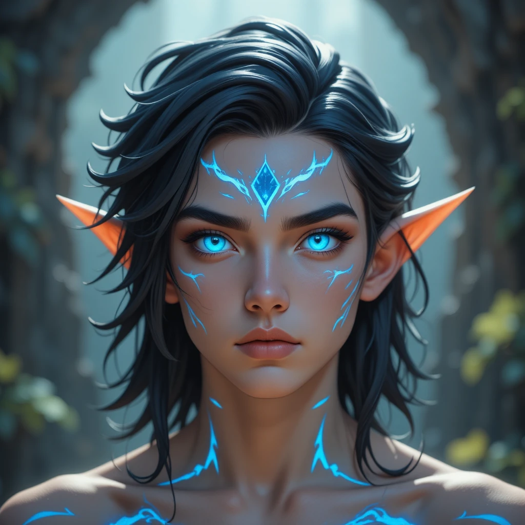 Young fantasy mage with glowing blue eyes and dark hair