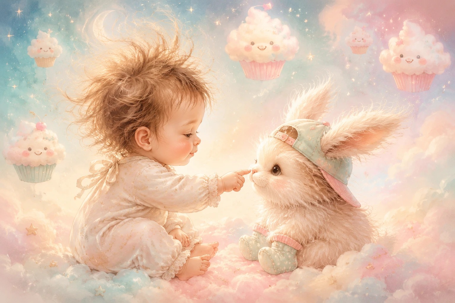 Baby girl boops fluffy rabbit in soft nursery illustration