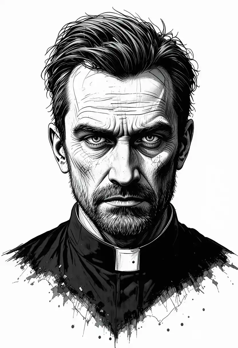 Ominous black and white ink portrait of a stern middle aged man