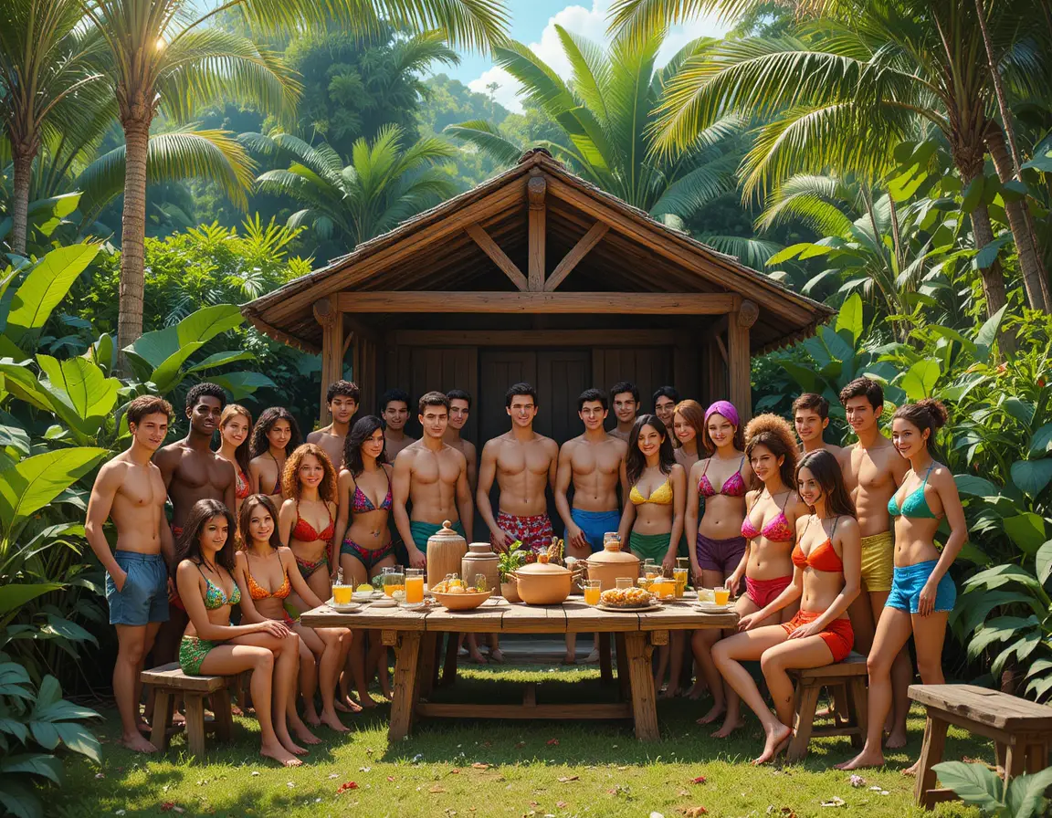 Diverse friends gathered barefoot at a rustic tropical hut