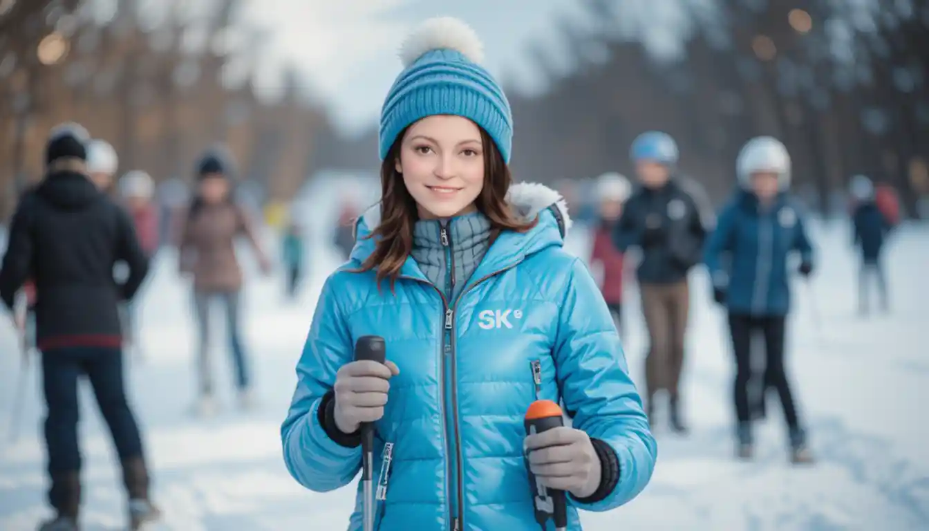 Smiling young girl in blue ski suit on snowy slopes