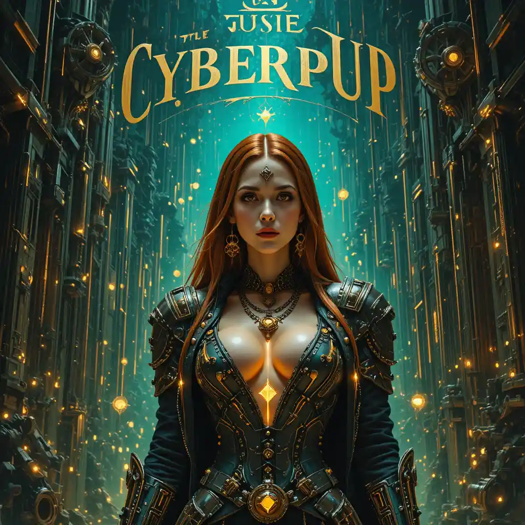 Fierce warrior woman in a mystical cyberpunk forest