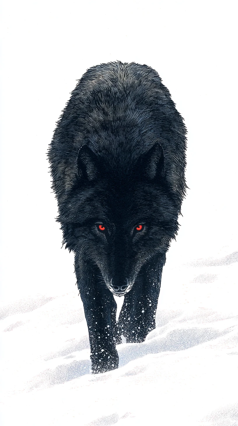 Black wolf with red eyes walking across white snow