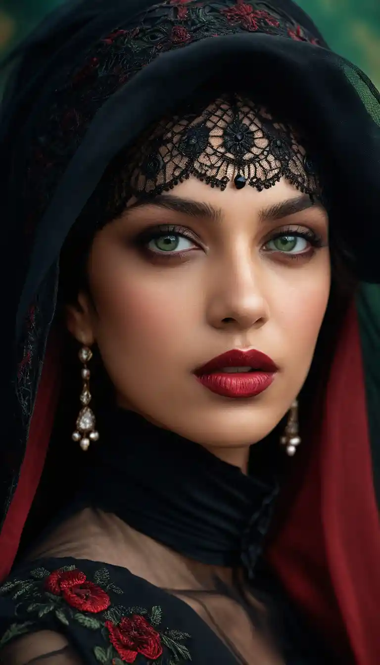 Latina woman in black hat with embroidered veil portrait