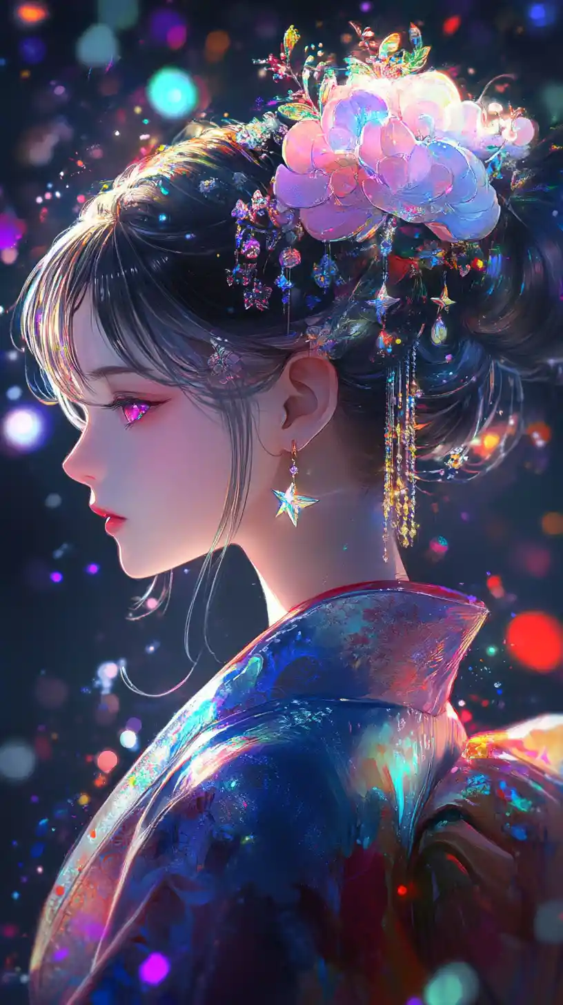Iridescent anime girl in kimono with holographic hair