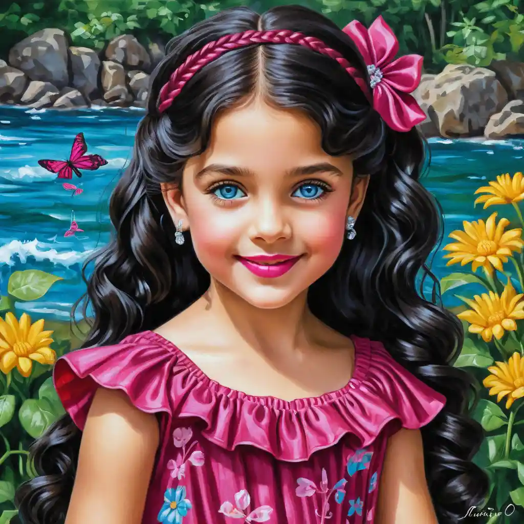 Smiling blue eyed girl in fuchsia summer dress illustration