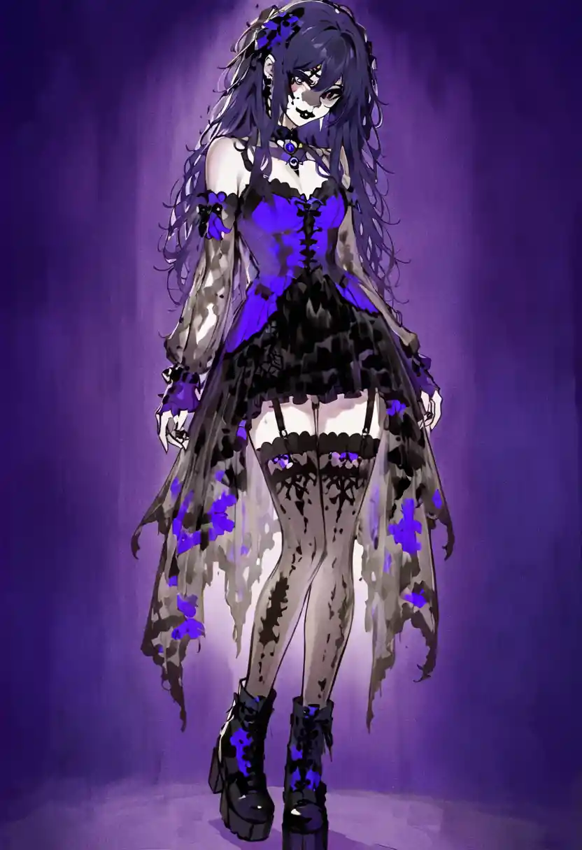 Gothic anime girl with eerie grin on dark backdrop