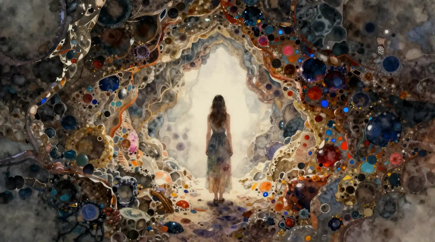 Ethereal woman in a stained stone passage watercolor