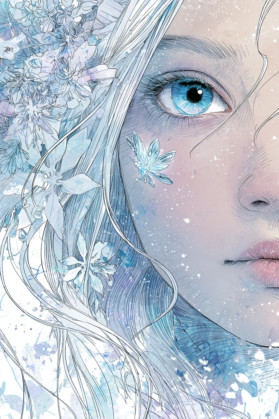 Chica de anime etérea con ojos azul hielo en invierno